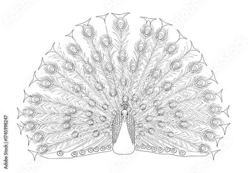Elegant peacock illustration with intricate feather details, perfect for coloring books, tattoo designs, or sophisticated stationery projects requiring a refined touch