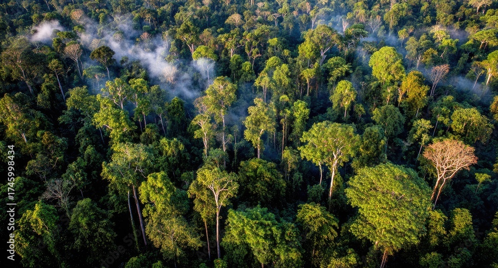 Fototapeta premium Aerial view of a vibrant rainforest canopy with morning mist rising