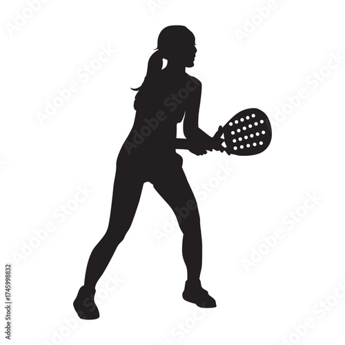 Black silhouette of a woman playing padel or tennis with a racket