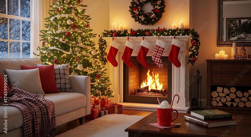 Fototapeta premium A christmas living room with tree fireplace and festive decor