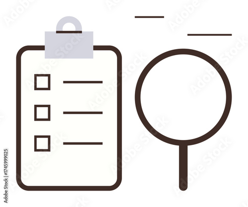 Clipboard with checklist and magnifying glass underlines task management, review, quality control, and organization processes. Ideal for productivity, efficiency, planning, compliance, research