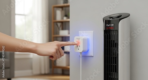A hand pressing a smart plug button next to a tower fan indoors