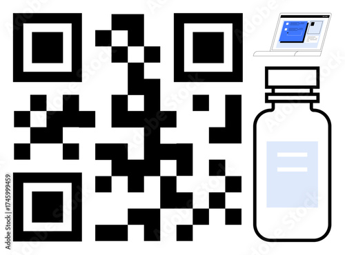 QR code next to a vaccine vial and laptop showcasing vaccination tracking, healthcare management, and digital records. Ideal for healthcare, vaccination, technology, access, data, security simple