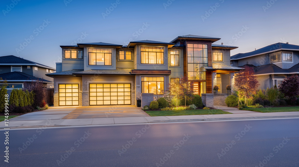 Fototapeta premium Contemporary house at dusk with warm interior lights, peaceful residential setting and soft focus.