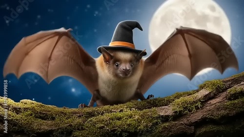 A whimsical bat wearing a witch hat perched on a mossy branch under a full moon, creating a magical atmosphere