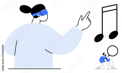 Person wearing AR headset interacting with virtual music notes and magnifying glass. Ideal for technology, augmented reality, innovation, sound, learning, creativity, entertainment. Minimalist flat