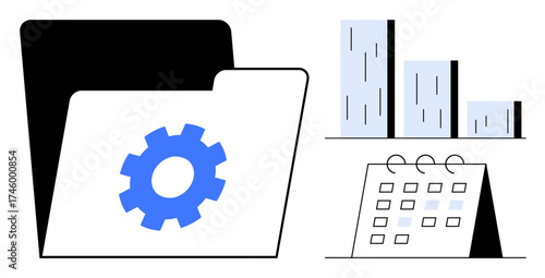 Open folder with gear symbol, bar graph for analytics, and calendar for scheduling tasks. Ideal for workflow, data management, organization, scheduling, planning analytics productivity. A simple