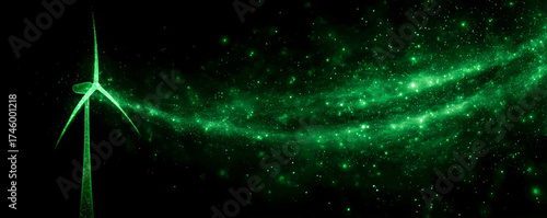 Green energy concept with a futuristic glowing wind turbine on a sparkling cosmic background