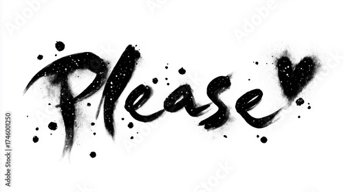 The word Please written in expressive black ink splatter calligraphy with a heart