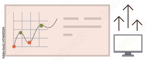 Chart with data points and line graph showing upward trend, computer monitor, rising arrows. Ideal for business analysis, growth tracking, data visualization, statistics, analytics, strategy simple