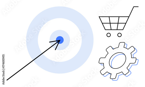 Arrow striking bullseye, shopping cart, and gear highlighting goals, e-commerce, productivity. Ideal for focus, marketing strategy, optimization, business planning retail teamwork simple flat