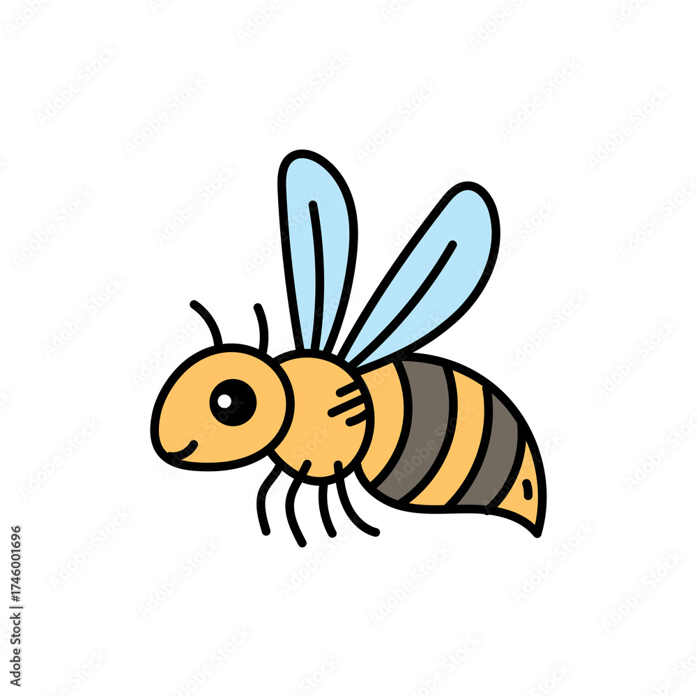 Obraz premium Cartoon Bee with Black Outline Yellow Body and Blue Wings on Transparent Background