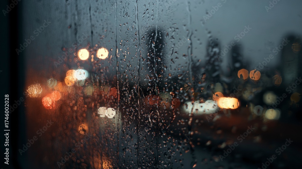 Obraz premium Rainy night cityscape view through window