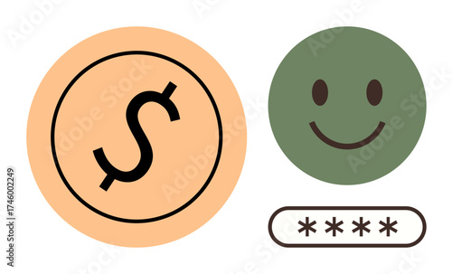Orange circle with dollar sign, green happy face, and password field with asterisks. Ideal for finance, security, online payment, contentment, digital privacy simplicity trust. Simple flat metaphor