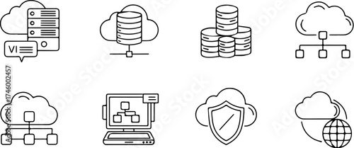 Vector art of collection of cloud computing icons representing various aspects of data storage, networking, security, and server management