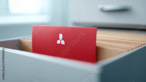 Red folder with person icon filing cabinet drawer representing human resource management, employee record organization, office administration, document storage, and organized workspace efficiency