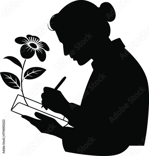 Botanist woman sketching a detailed flower study silhouette