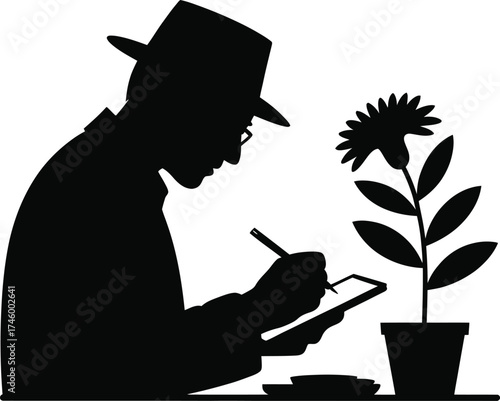 Botanist studying a potted flower writing notes in a silhouette style