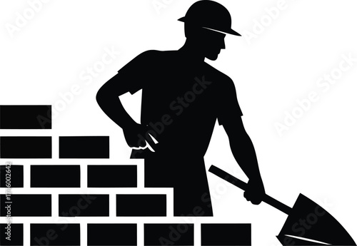 Skilled bricklayer in silhouette shoveling materials to build a masonry wall