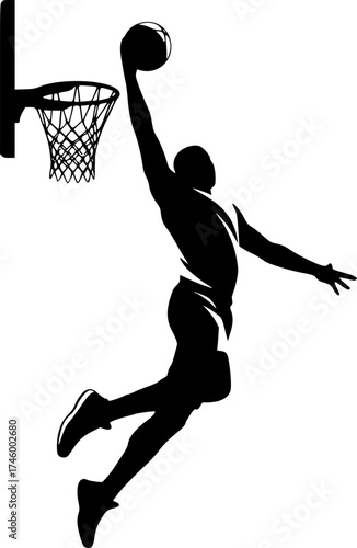 Silhouette of basketball player dunking the ball isolated on a white background
