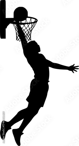 Silhouette of basketball player dunking the ball isolated on a white background
