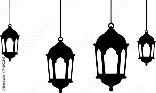 Four silhouetted islamic lanterns hanging against a white background
