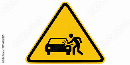 Warning sign depicting a person being struck by a car indicating a traffic hazard
