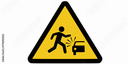 Warning sign depicting a person being struck by a car indicating a traffic hazard
