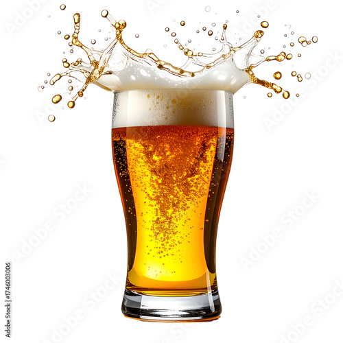 Beer glass with a splash, showing foamy liquid erupting from the top, black background