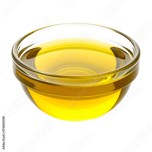 A transparent glass bowl filled with clear golden liquid, isolated on a black background