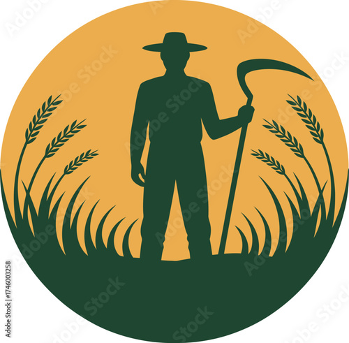 Farmer silhouette with scythe in a wheat field at sunset