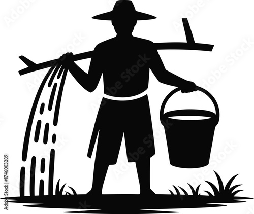 Farmer carrying water buckets with a yoke silhouette style