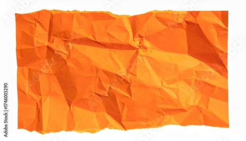Ripped edge of bright orange crumpled paper, isolated textured scrap for collage in autumn colors