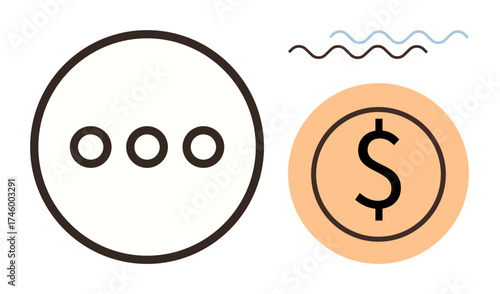 Three dots inside a circle, dollar sign in orange circle, and wavy lines. Ideal for concepts including communication, finance, messaging, economy, simplicity conversation and modern design. Clean