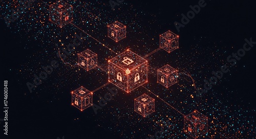 Sophisticated digital network with secure blockchain technology, lock symbols, and vibrant glowing connections for cybersecurity and data protection solutions