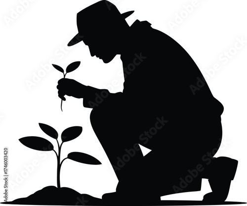 Gardener kneeling planting a young seedling symbolizing growth and new beginnings silhouette
