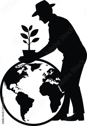 Gardener planting a seedling on planet earth in a distinctive silhouette style