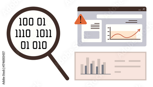 Magnifying glass analyzing binary code, security alert on screen, upward arrow graph, and bar chart. Ideal for data analysis, cybersecurity, statistics, digital risk, insights visualization simple