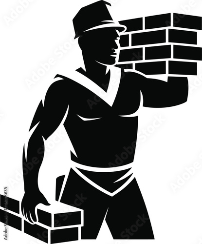 Strong mason bricklayer carrying a heavy load of bricks silhouette