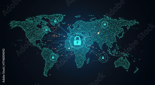 Secure global network symbolized by world map and padlocks glows with vibrant, modern technology representing cybersecurity and data protection worldwide