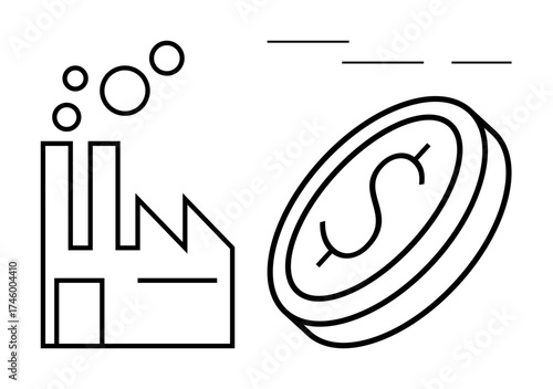 Factory emitting smoke with a coin featuring a dollar sign symbolizing industrial growth, economy, revenue, and environmental trade-offs. Ideal for economy, industry, environment, manufacturing