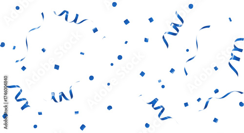 Small glossy blue confetti and streamers twirling slowly, transparent background