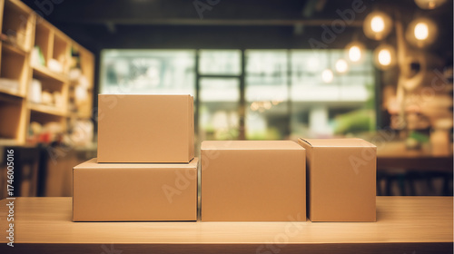 Neatly stacked package boxes with shipping labels, representing efficient e-commerce logistics on wooden surface.