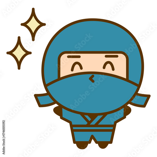 笑顔がキラキラしているかわいい忍者のキャラクターイラスト　シンプルで親しみやすい和風のゆるキャラ