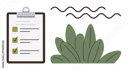 Task checklist on clipboard paired with green bush and wavy lines. Ideal for productivity, planning, environmental goals, organization, sustainability, minimalism, workflow. Simple flat metaphor