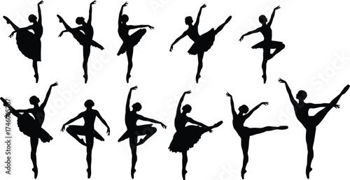 Beautiful ballerina silhouettes performing classical dance poses, elegant ballet dancers in motion, graceful artistic choreography illustration on white background for design and creativity