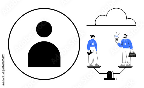 Silhouette profile icon beside two people balancing on a seesaw. One holds knowledge, the other a briefcase. Ideal for teamwork, career balance, personal growth, decision-making, equality, workplace