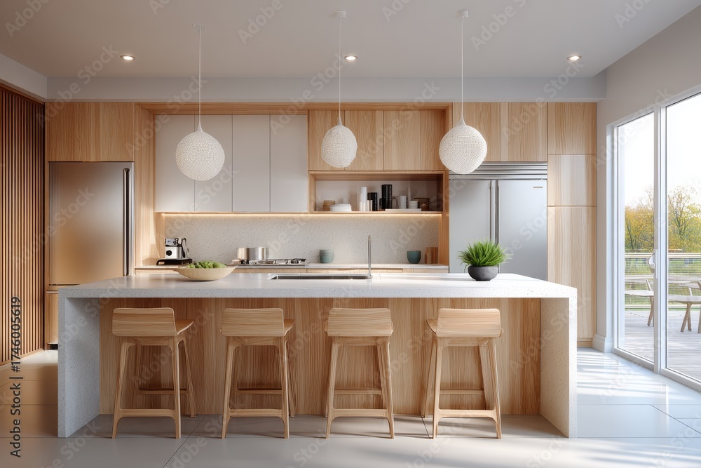 Fototapeta premium Modern kitchen with wooden cabinets and island counter with stools