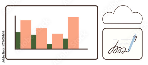 Bar chart for data insights, pen and digital signature for secure signing, and a cloud shape. Ideal for analytics, contracts, secure storage, cloud solutions, business tools, technology simple flat
