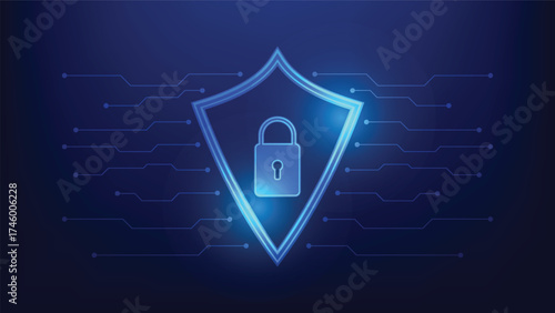 cyber security and safety privacy. digital shield with lock on blue background